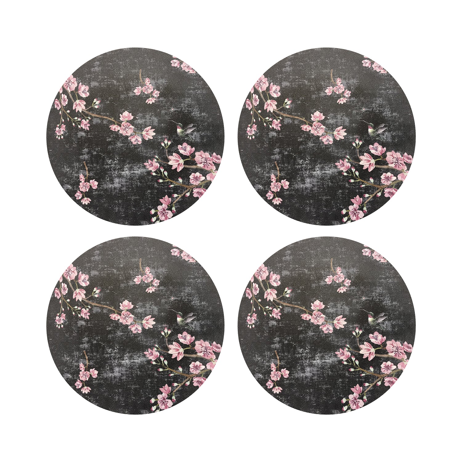 Blossom Fantasia Black Pink 16&quot; Round Pebble Placemats, Set of 4 - nicolettemayer.com
