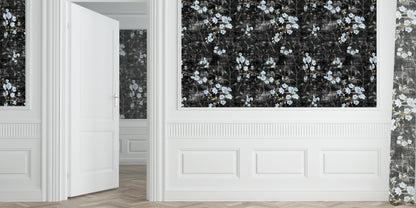 Blossom Fantasia Black Blue Grasscloth Printed Wallpaper