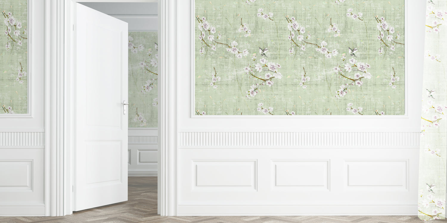 Blossom Fantasia Celadon Grasscloth Printed Wallpaper