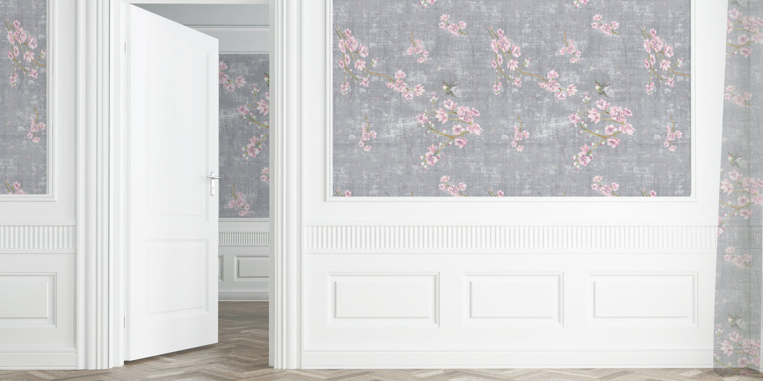 Blossom Fantasia Charcoal Grasscloth Printed Wallpaper