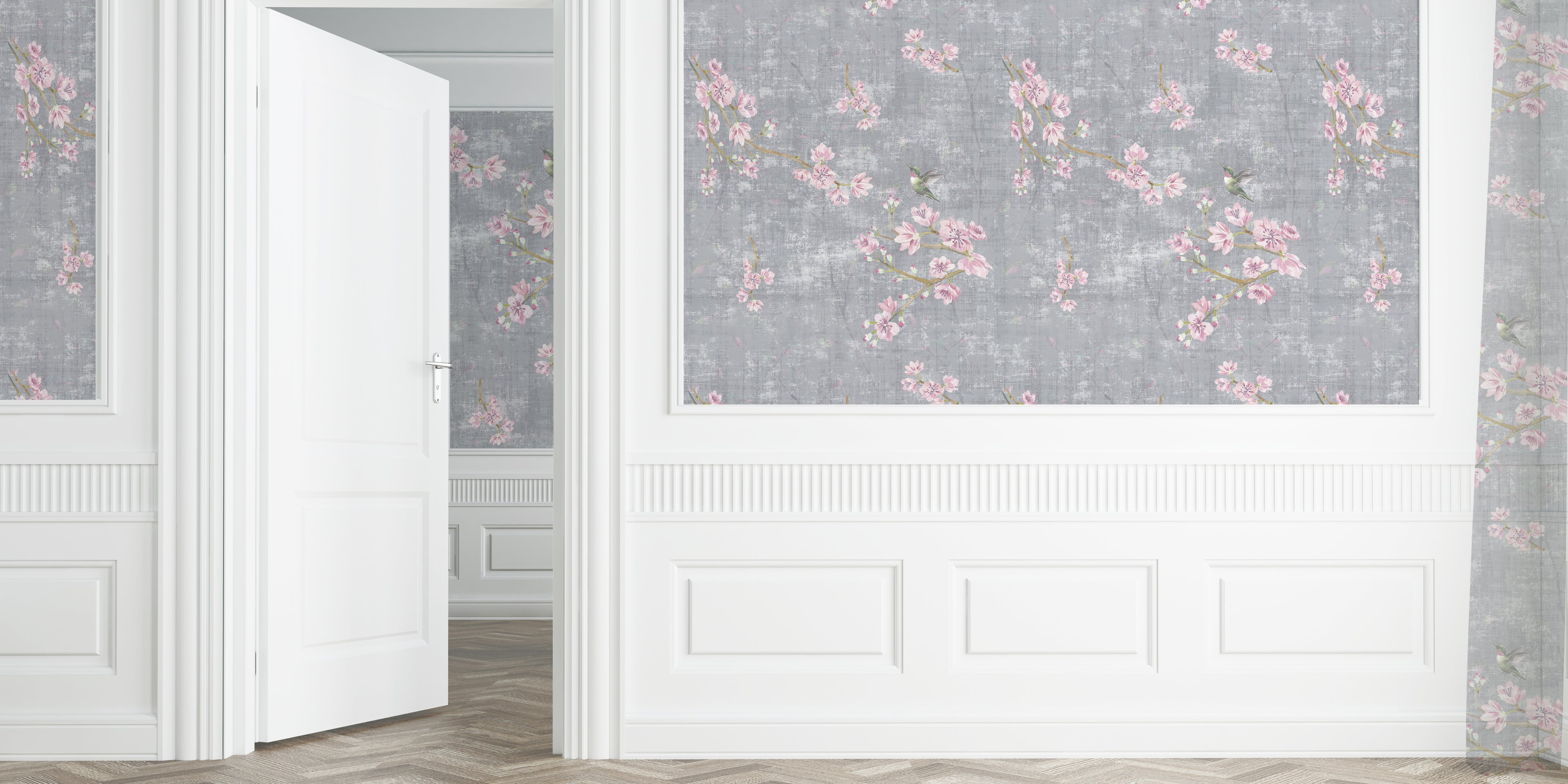 Blossom Fantasia Charcoal Grasscloth Printed Wallpaper