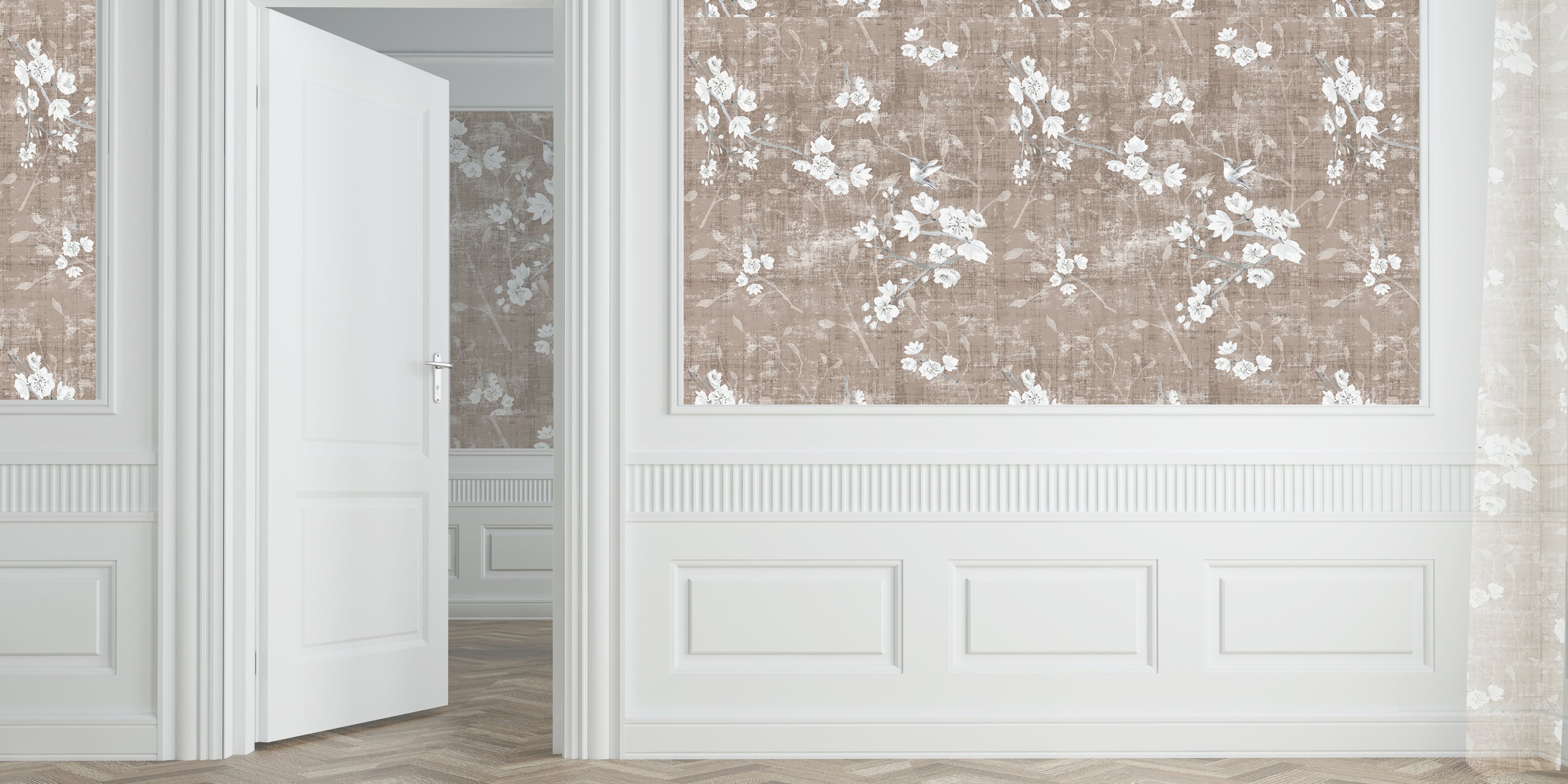 Blossom Fantasia Mocha Grasscloth Printed Wallpaper