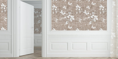 Blossom Fantasia Mocha Grasscloth Printed Wallpaper