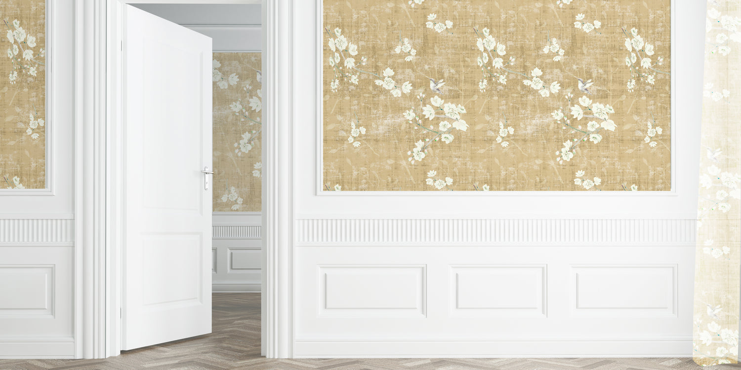 Blossom Fantasia Gold Grasscloth Printed Wallpaper