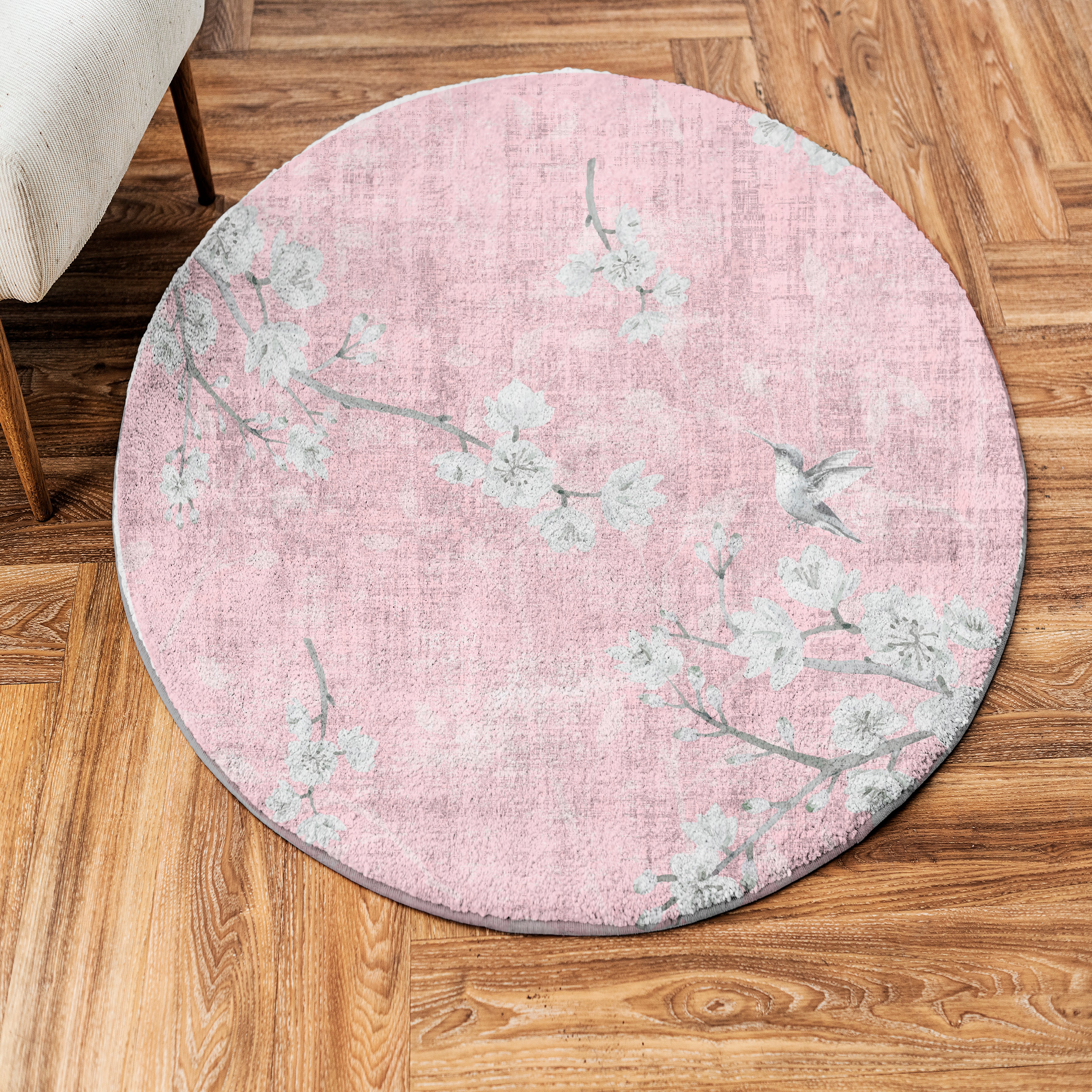 Blossom Fantasia – Waschbarer, runder Teppich „Cloud“ in Zartrosa