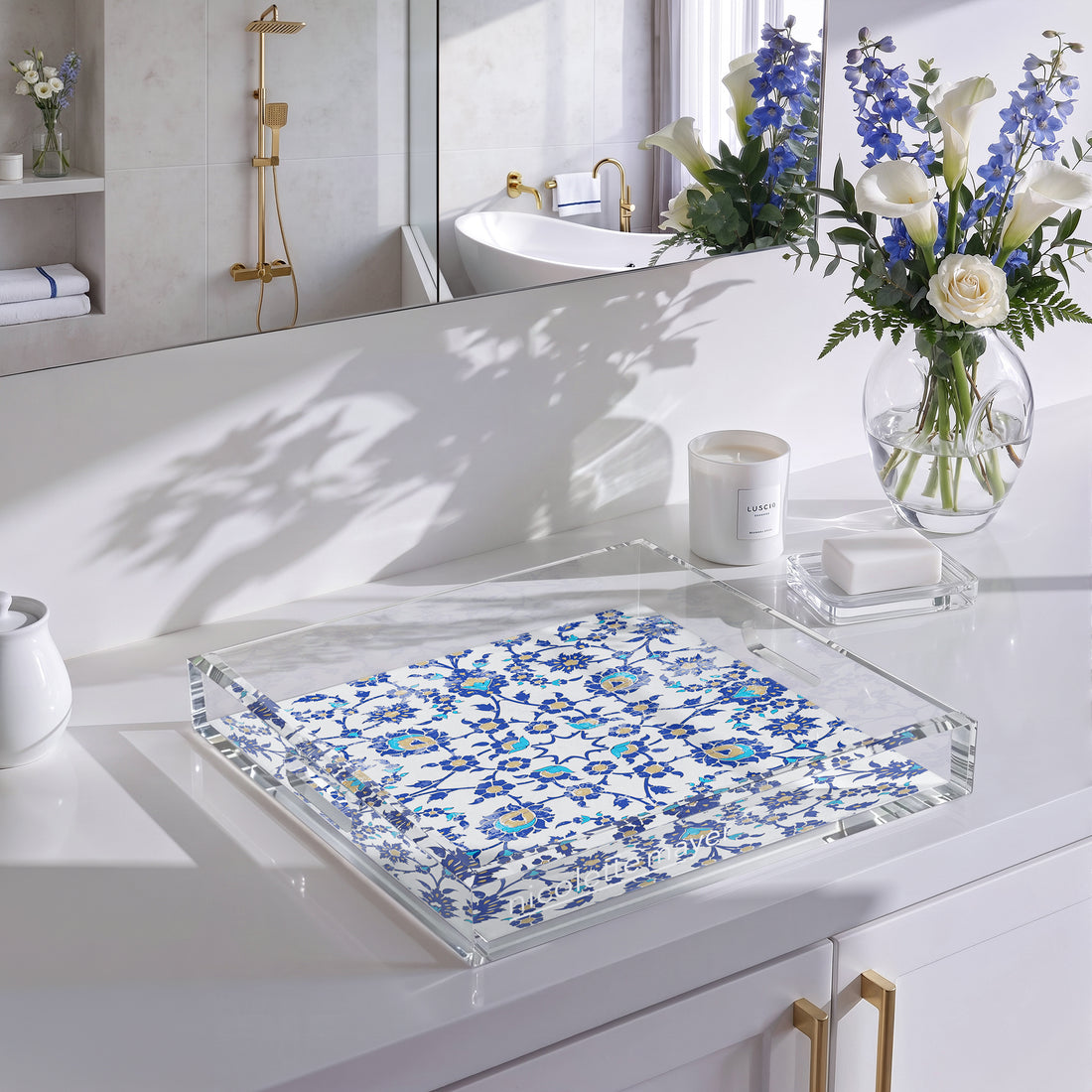 Bosphorus Blue White 12X12 Acrylic Tray - nicolettemayer.com
