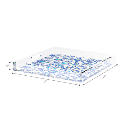 Bosphorus Blue White 15X15 Acrylic Tray - nicolettemayer.com
