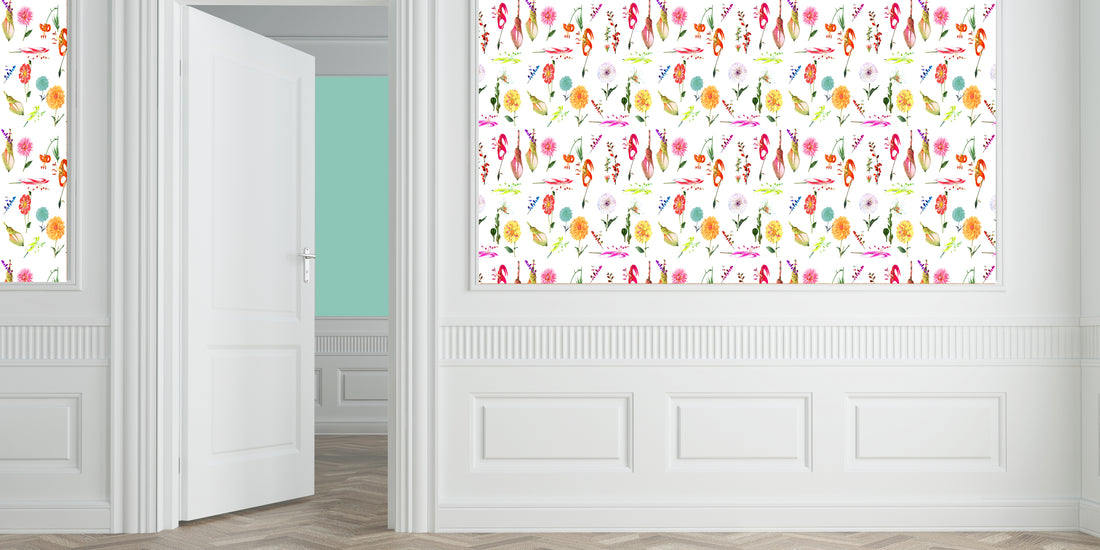 Botanical White Grasscloth Printed Wallpaper