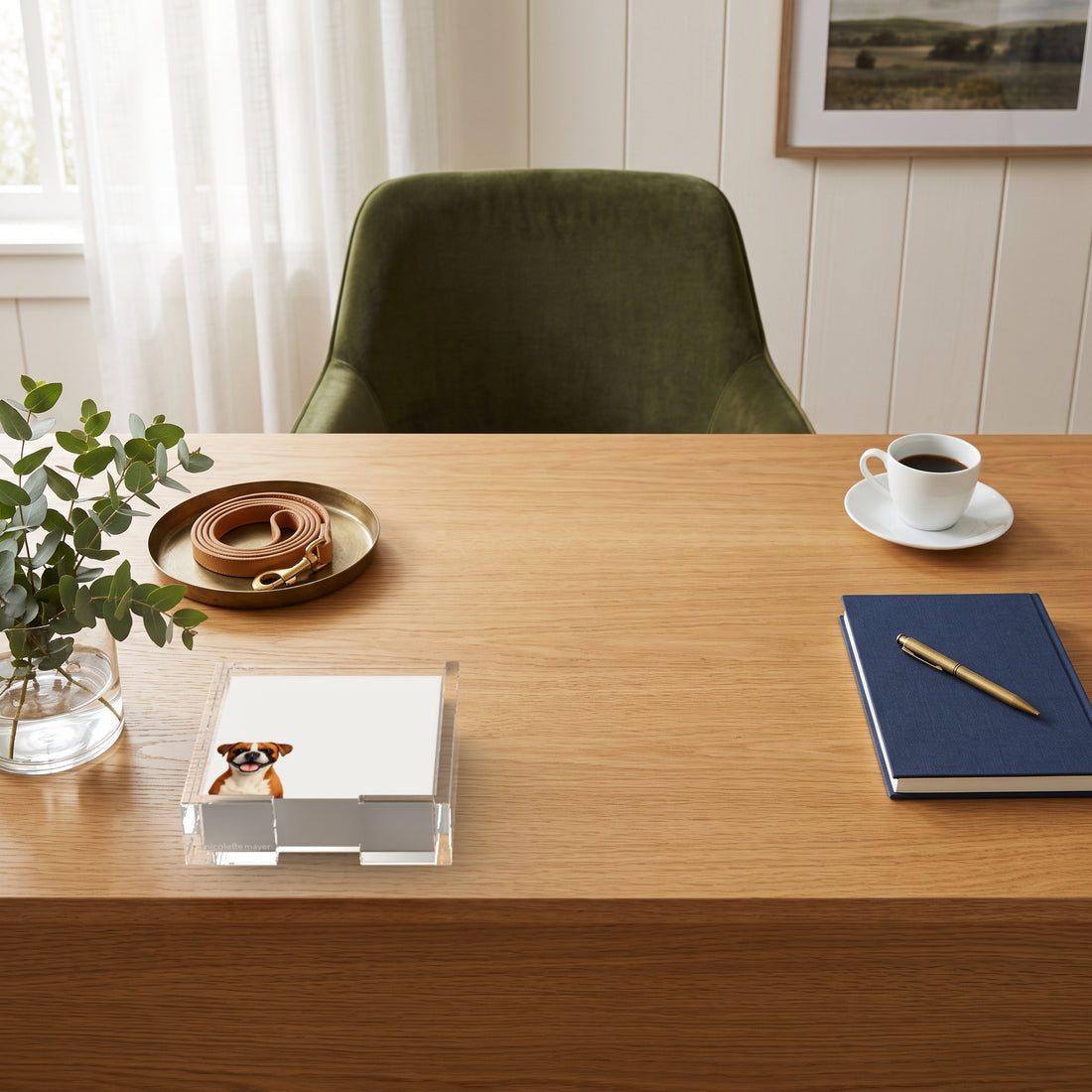 Boxer dog note cards in a clear acrylic holder on an oak desk, by Nicolette Mayer