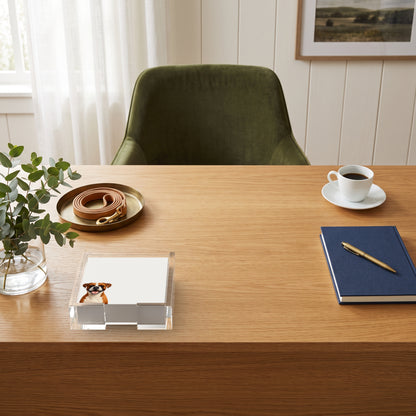 Boxer dog note cards in a clear acrylic holder on an oak desk, by Nicolette Mayer