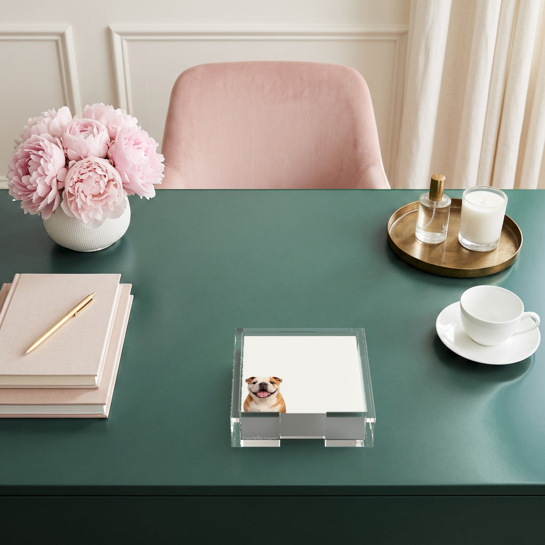 Bulldog note cards in a clear acrylic holder on a green desk, by Nicolette Mayer