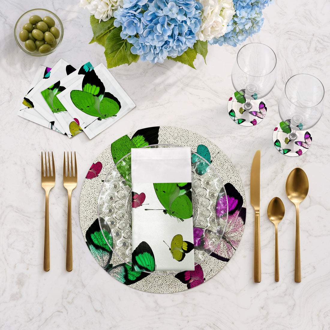 Butterflies Acid Green Round Beaded Placemat Rough Cut