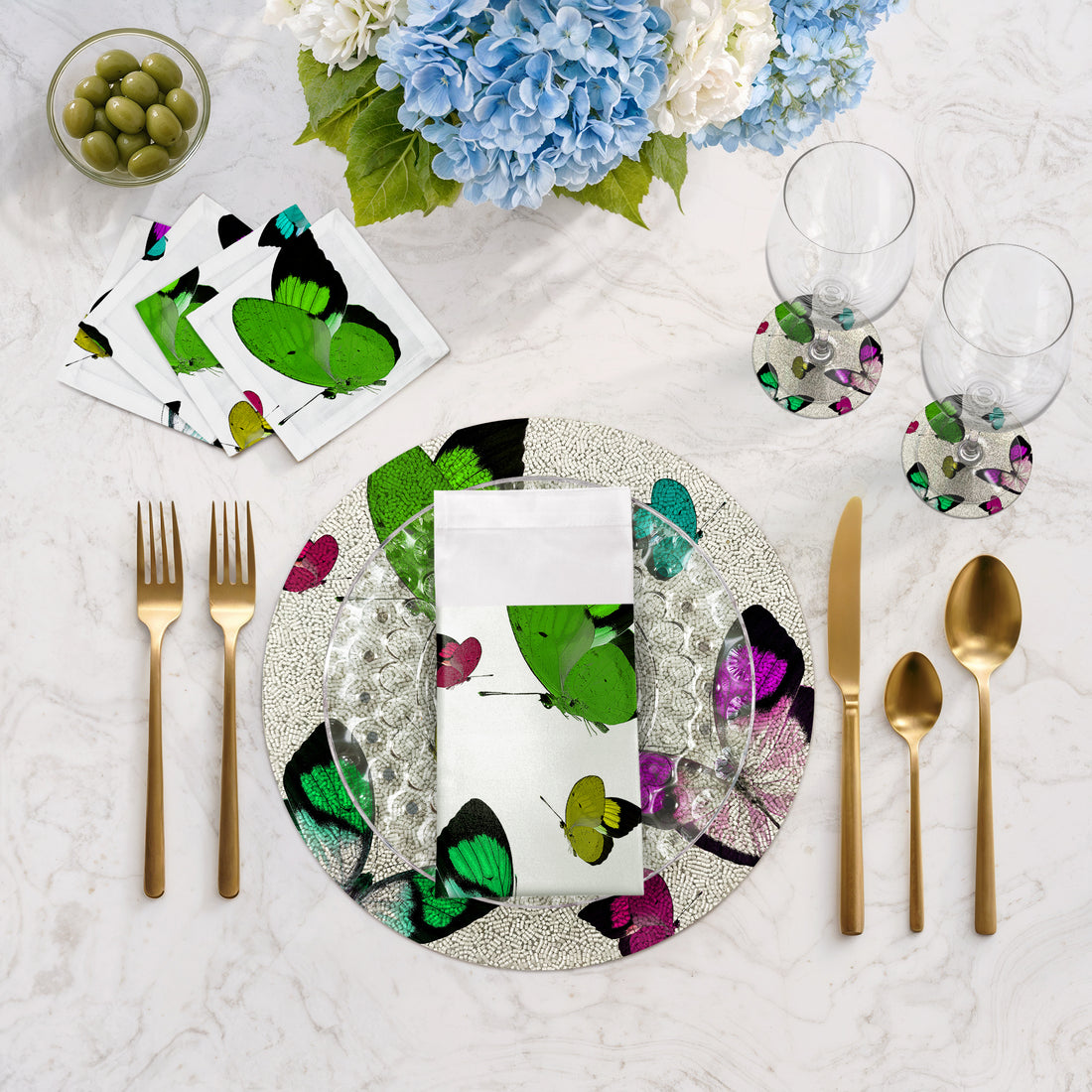 Butterflies Acid Green Round Beaded Placemat Rough Cut