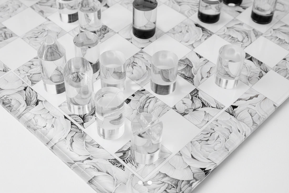 Peony Black White Acrylic Chess - nicolettemayer.com
