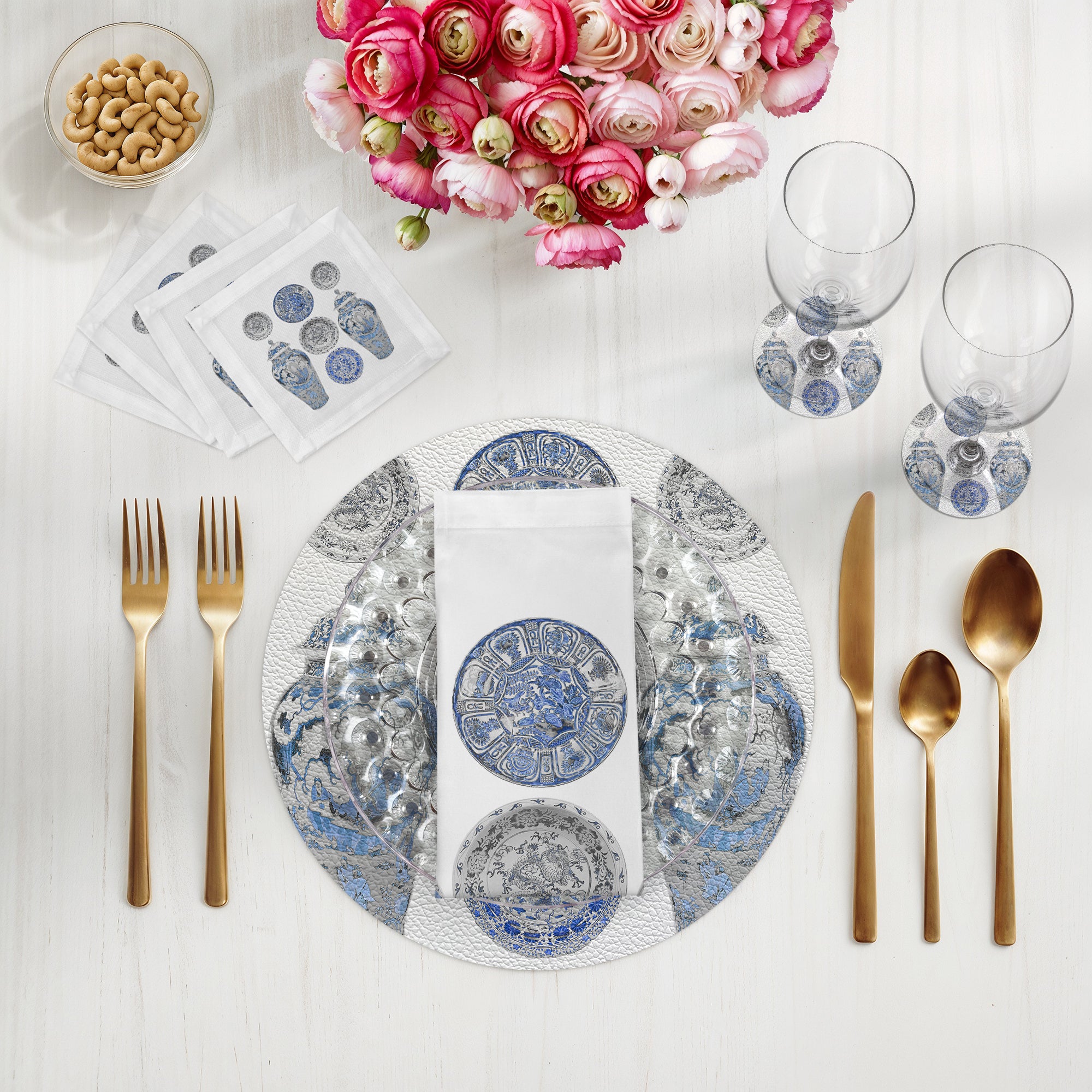 Chinois Ceramic Ming Blue Cotton Sateen Dinner Napkins - nicolettemayer.com