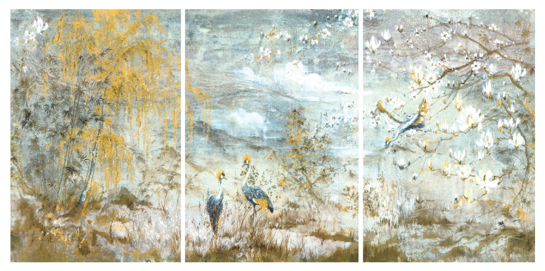 Crested Crane Acrylic Triptych  – Set of 3 Modern Wall Art Panels, 96x48&quot; overall  (32x48&quot; each)