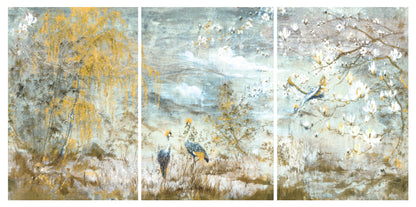 Crested Crane Acrylic Triptych  – Set of 3 Modern Wall Art Panels, 96x48&quot; overall  (32x48&quot; each)
