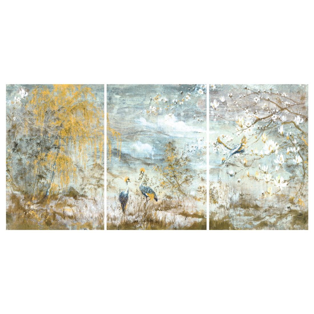 Crested Crane Acrylic Triptych  – Set of 3 Modern Wall Art Panels, 96x48&quot; overall  (32x48&quot; each)