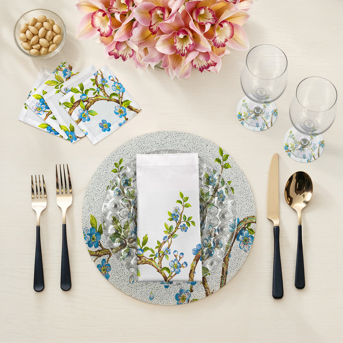 Cherry Blossom Blue Round Beaded Placemat Smooth