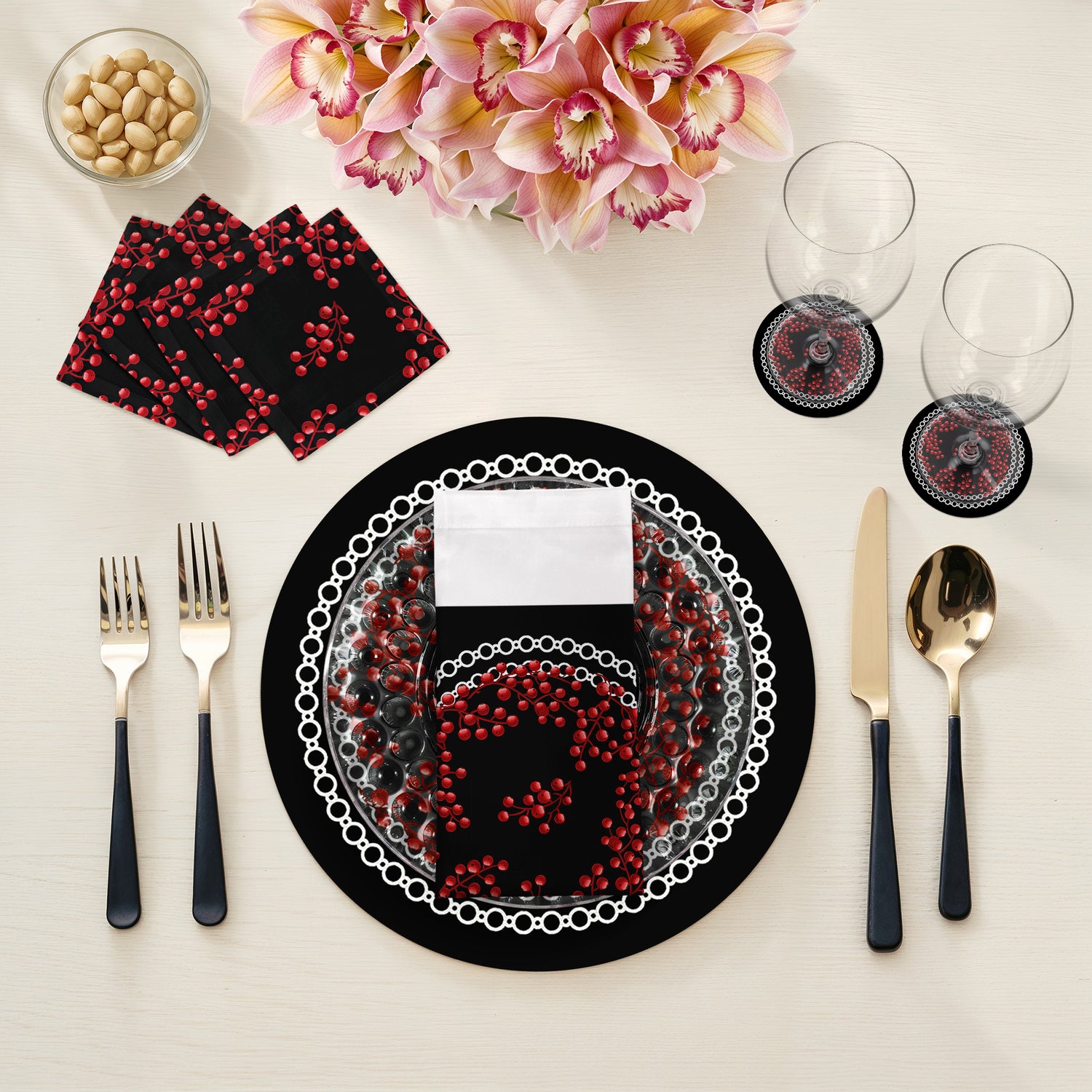 Sets de table ronds en galets de 40 cm, motif baies de Noël