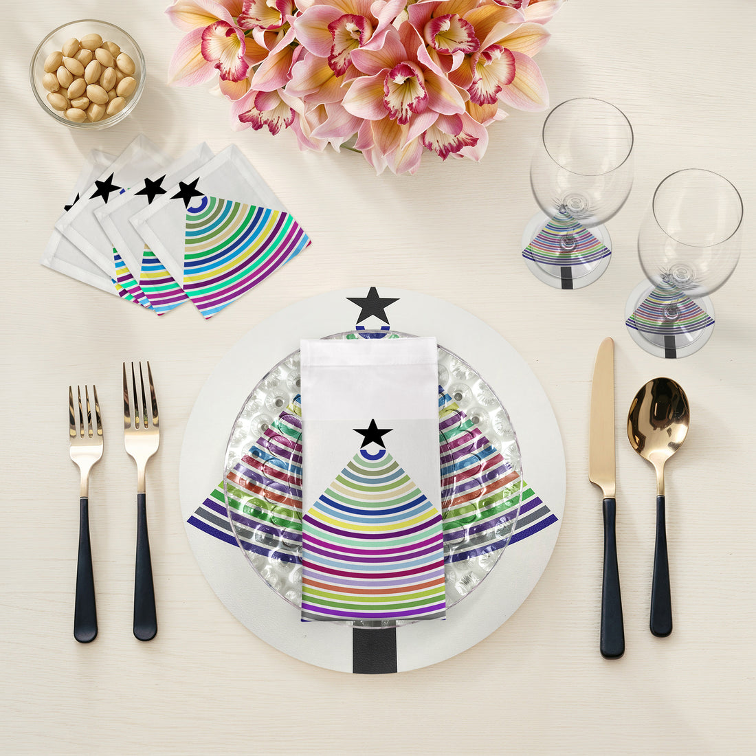 Sets de table ronds en galets de 40 cm, motif sapin de Noël lumineux