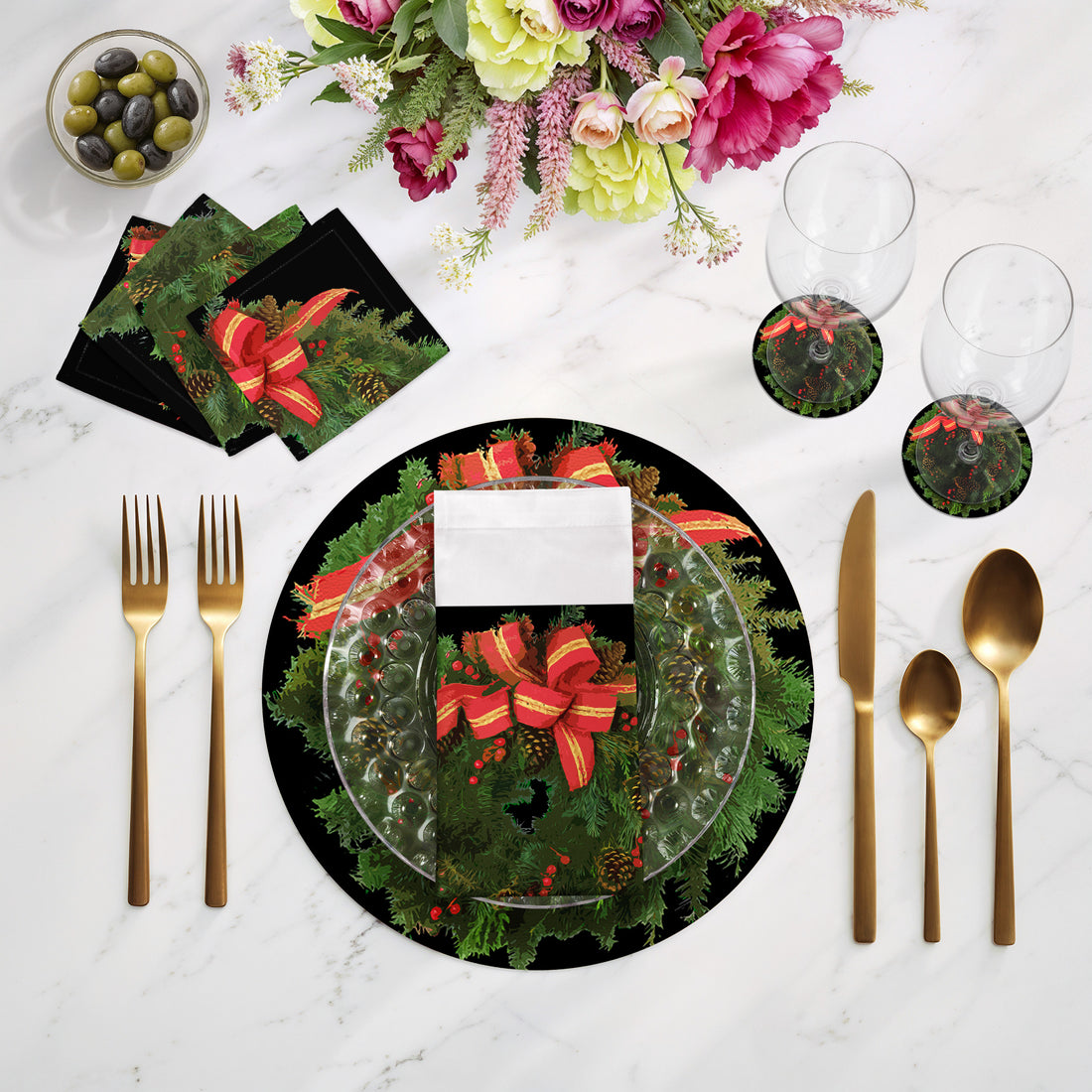 Sets de table ronds en galets avec couronne de Noël de 40 cm