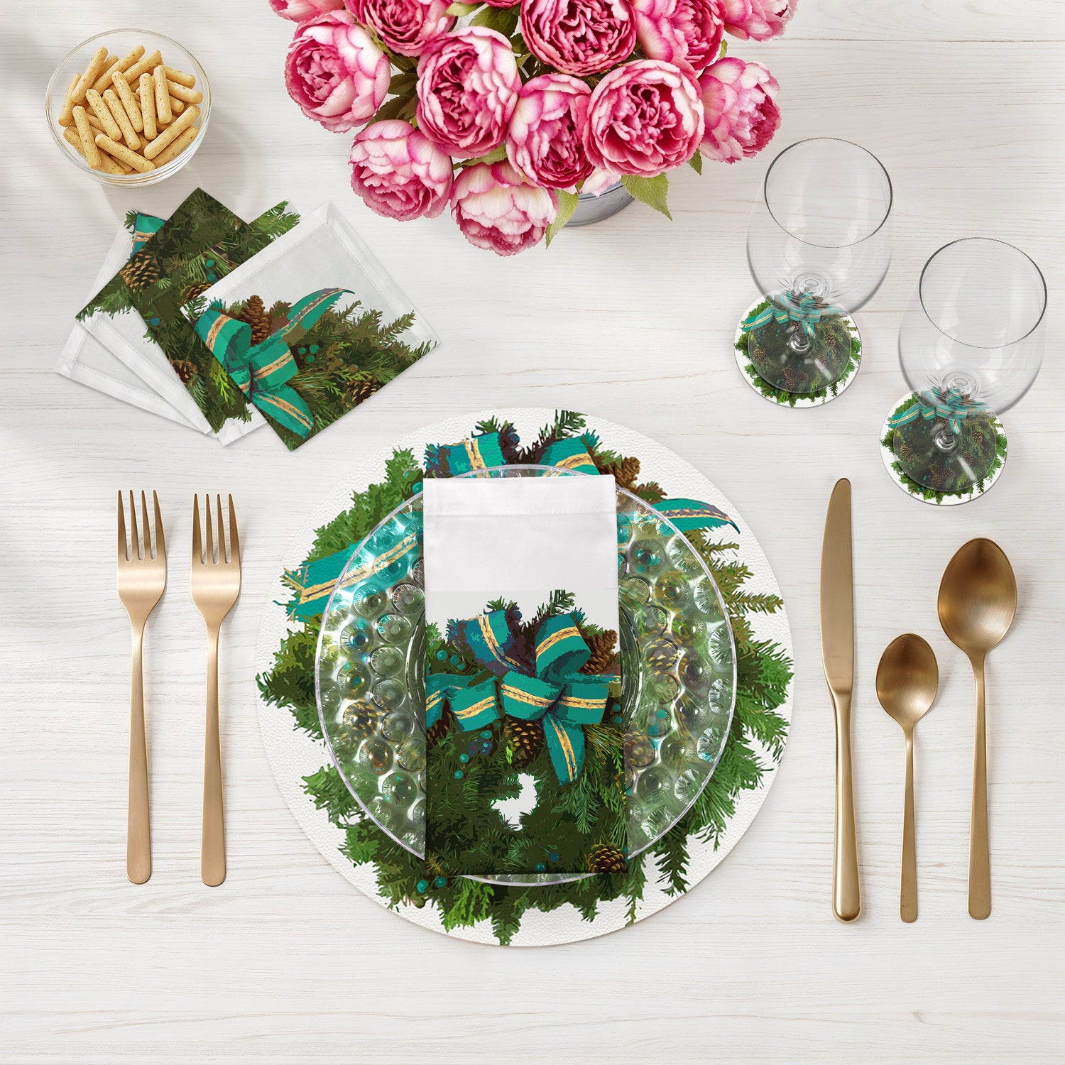 Sets de table ronds en galets avec couronne de Noël de 40 cm