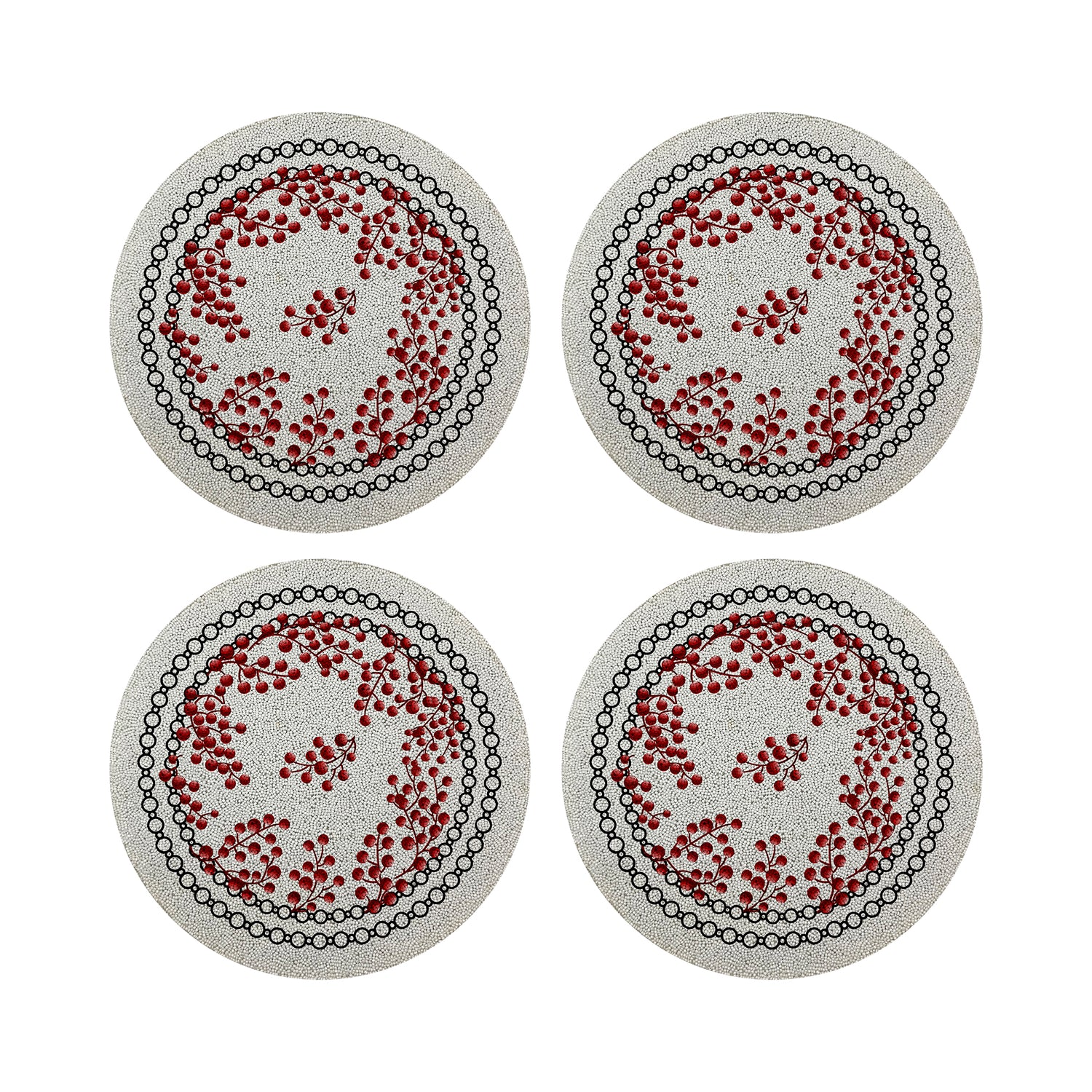 Christmas Berries Red White Round Beaded Placemat Smooth