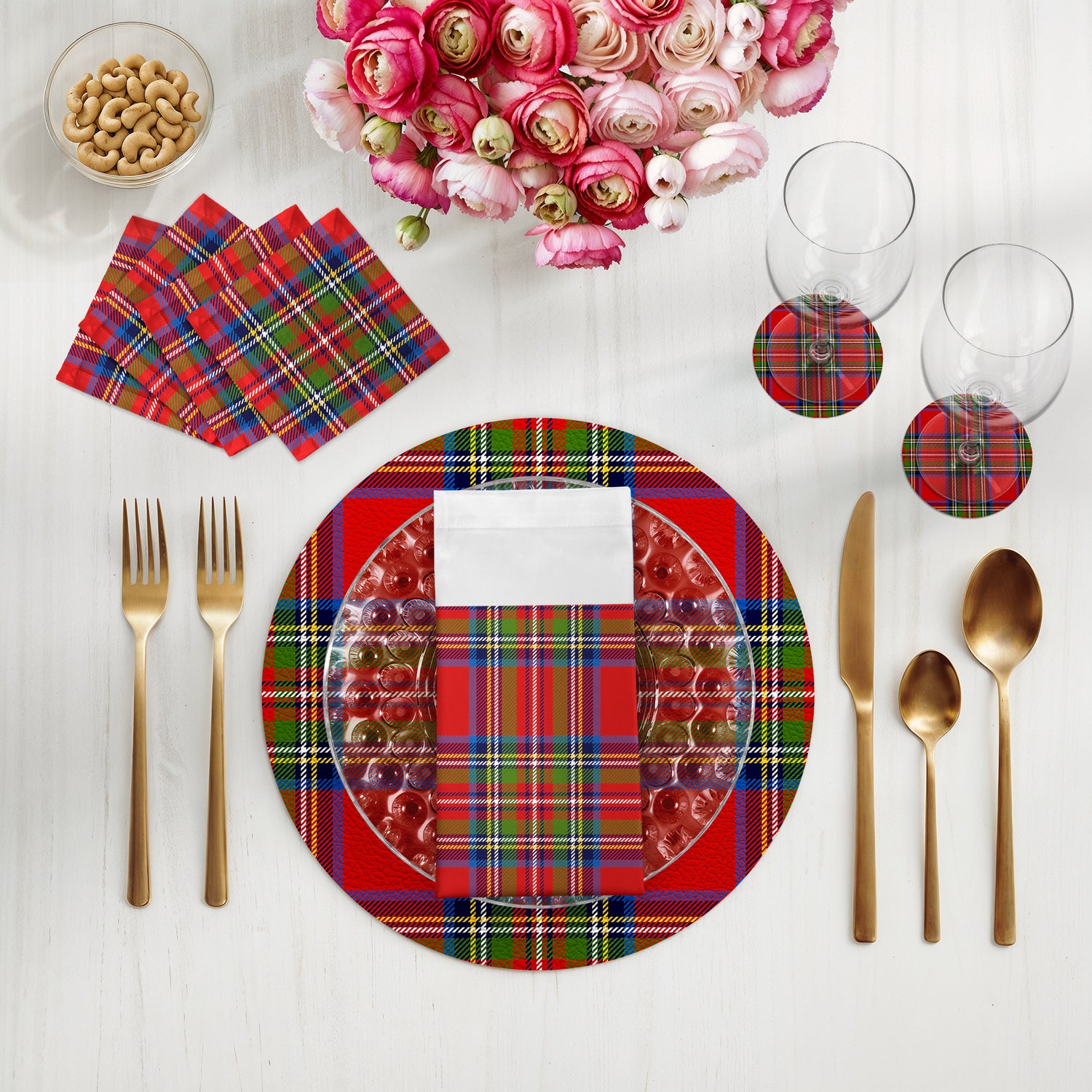 Christmas Tartan Red Vegan Leather Round Coasters