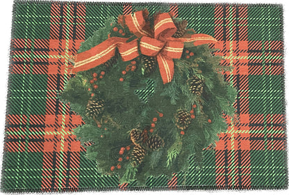 Christmas Wreath Tartan Green Microfiber Rectangle Washable Rug