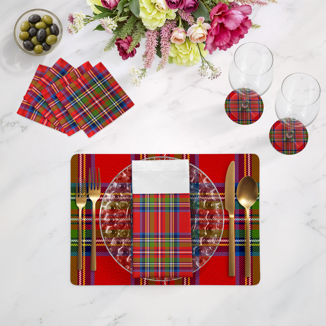 Christmas Tartan Red Vegan Leather Rectangle Pebble Placemat