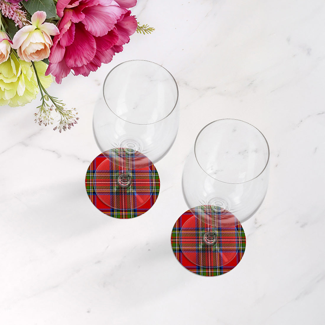Christmas Tartan Red Vegan Leather Round Coasters