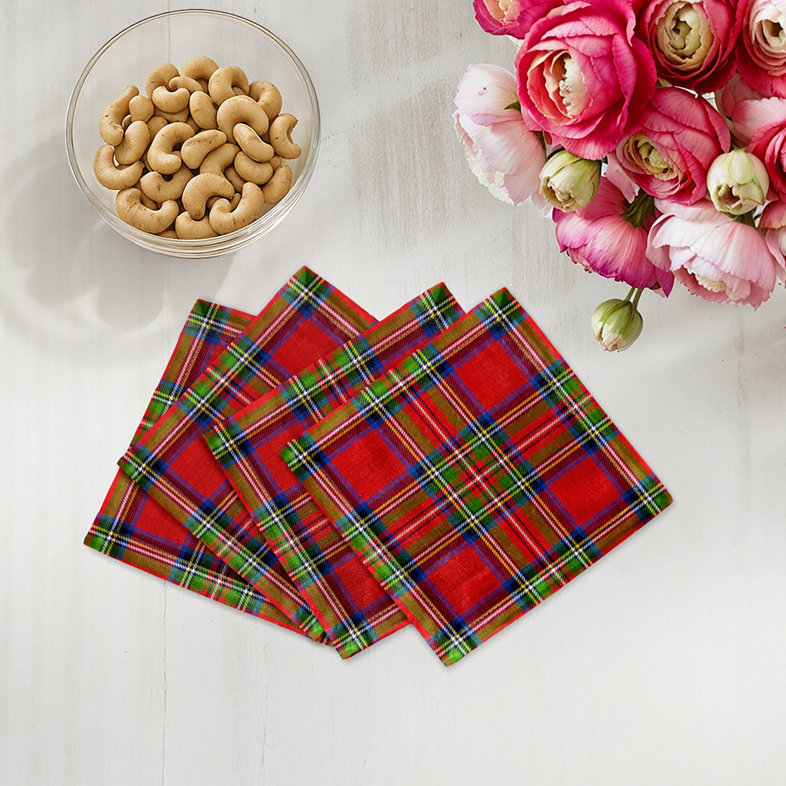 Christmas Tartan Red Cotton Sateen Cocktail Napkins