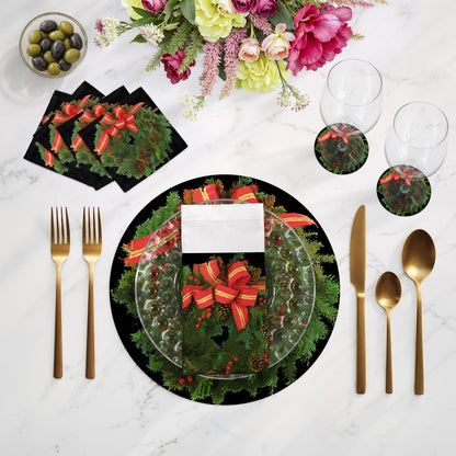 Christmas Wreath Black 16" Round Pebble Placemats, Set of 4 - nicolettemayer.com
