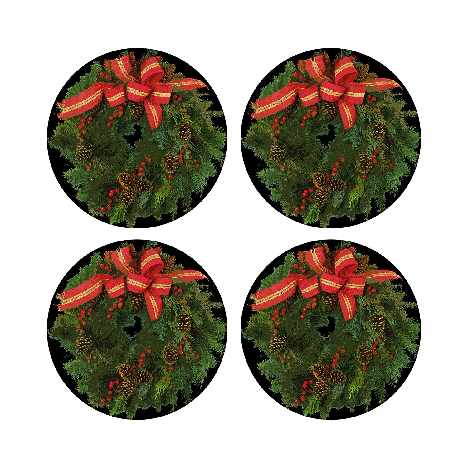Christmas Wreath Black 16&quot; Round Pebble Placemats, Set of 4 - nicolettemayer.com
