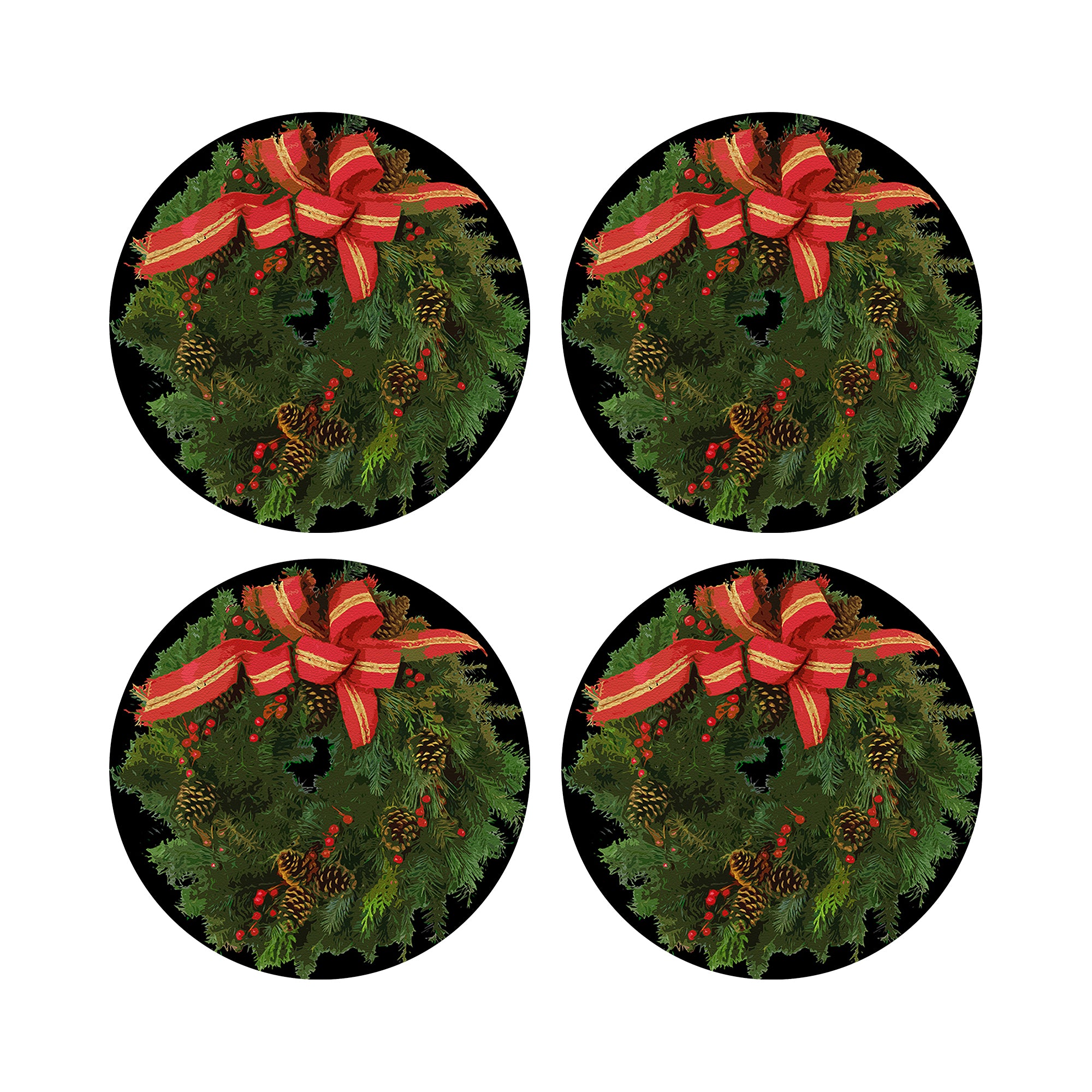 Christmas Wreath Black 16&quot; Round Pebble Placemats, Set of 4 - nicolettemayer.com
