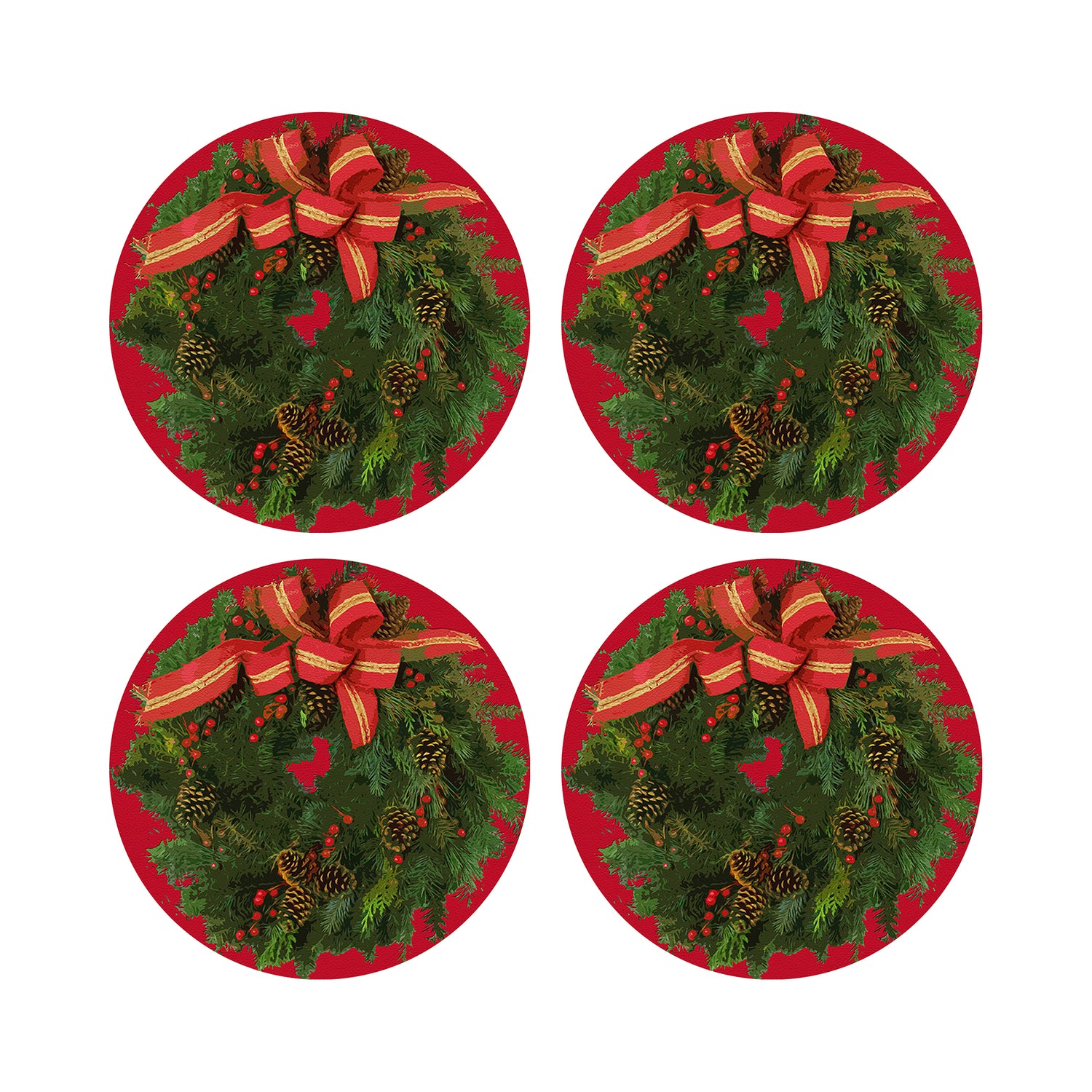 Christmas Wreath Red 16&quot; Round Pebble Placemats, Set of 4 - nicolettemayer.com
