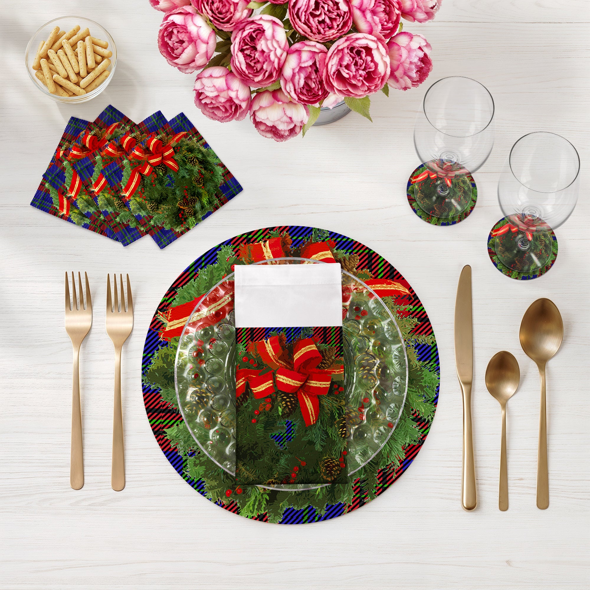 Christmas Wreath Tartan Blue 16" Round Pebble Placemats, Set of 4 - nicolettemayer.com

