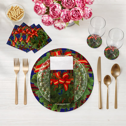 Christmas Wreath Tartan Blue 16" Round Pebble Placemats, Set of 4 - nicolettemayer.com
