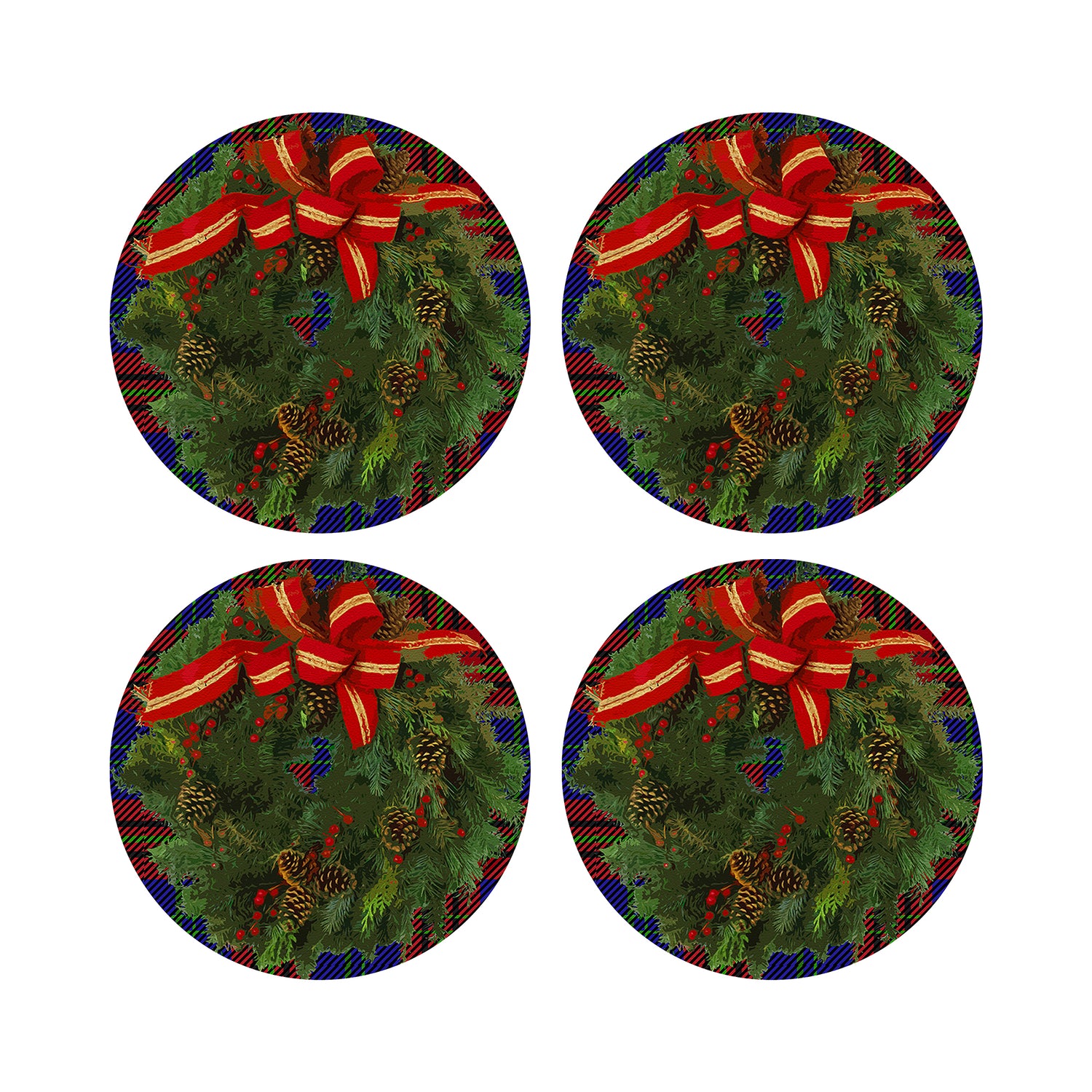 Christmas Wreath Tartan Blue 16&quot; Round Pebble Placemats, Set of 4 - nicolettemayer.com
