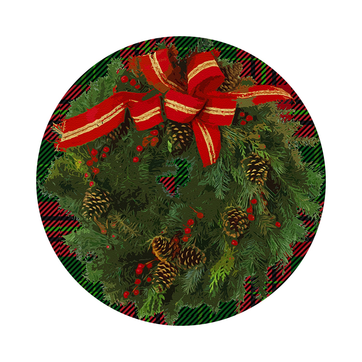 Christmas Wreath Tartan Green 16&quot; Round Pebble Placemats, Set of 4 - nicolettemayer.com
