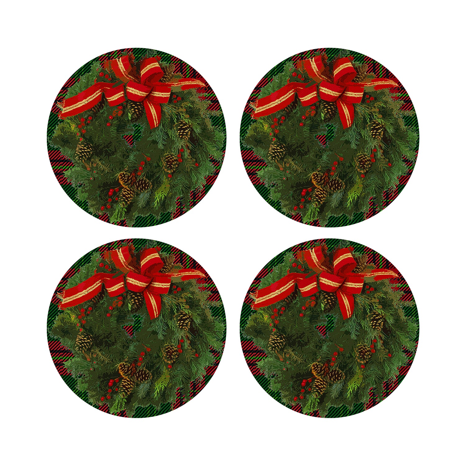 Christmas Wreath Tartan Green 16&quot; Round Pebble Placemats, Set of 4 - nicolettemayer.com
