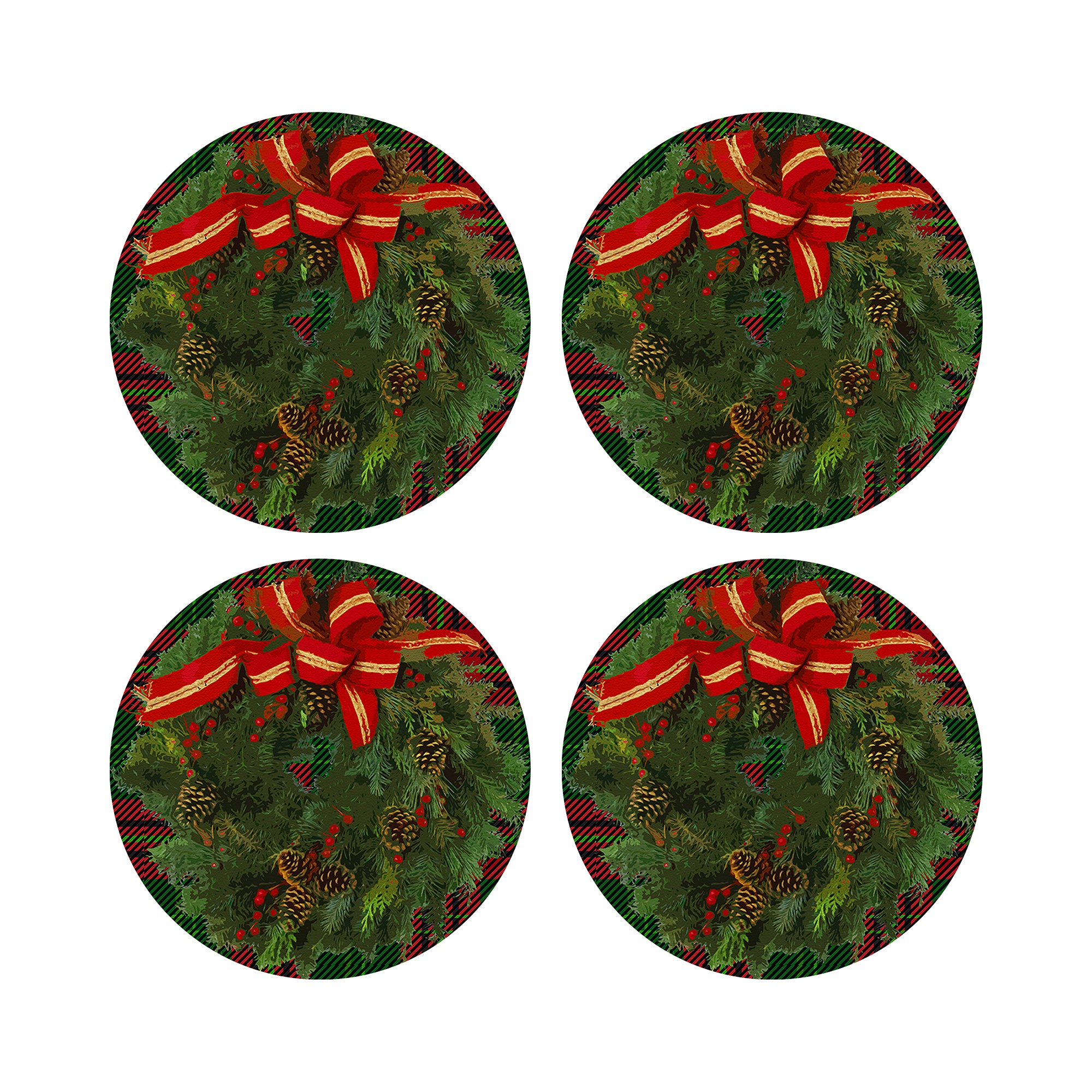 Christmas Wreath Tartan Green 16&quot; Round Pebble Placemats, Set of 4 - nicolettemayer.com
