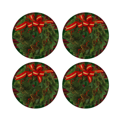 Christmas Wreath Tartan Green 16&quot; Round Pebble Placemats, Set of 4 - nicolettemayer.com
