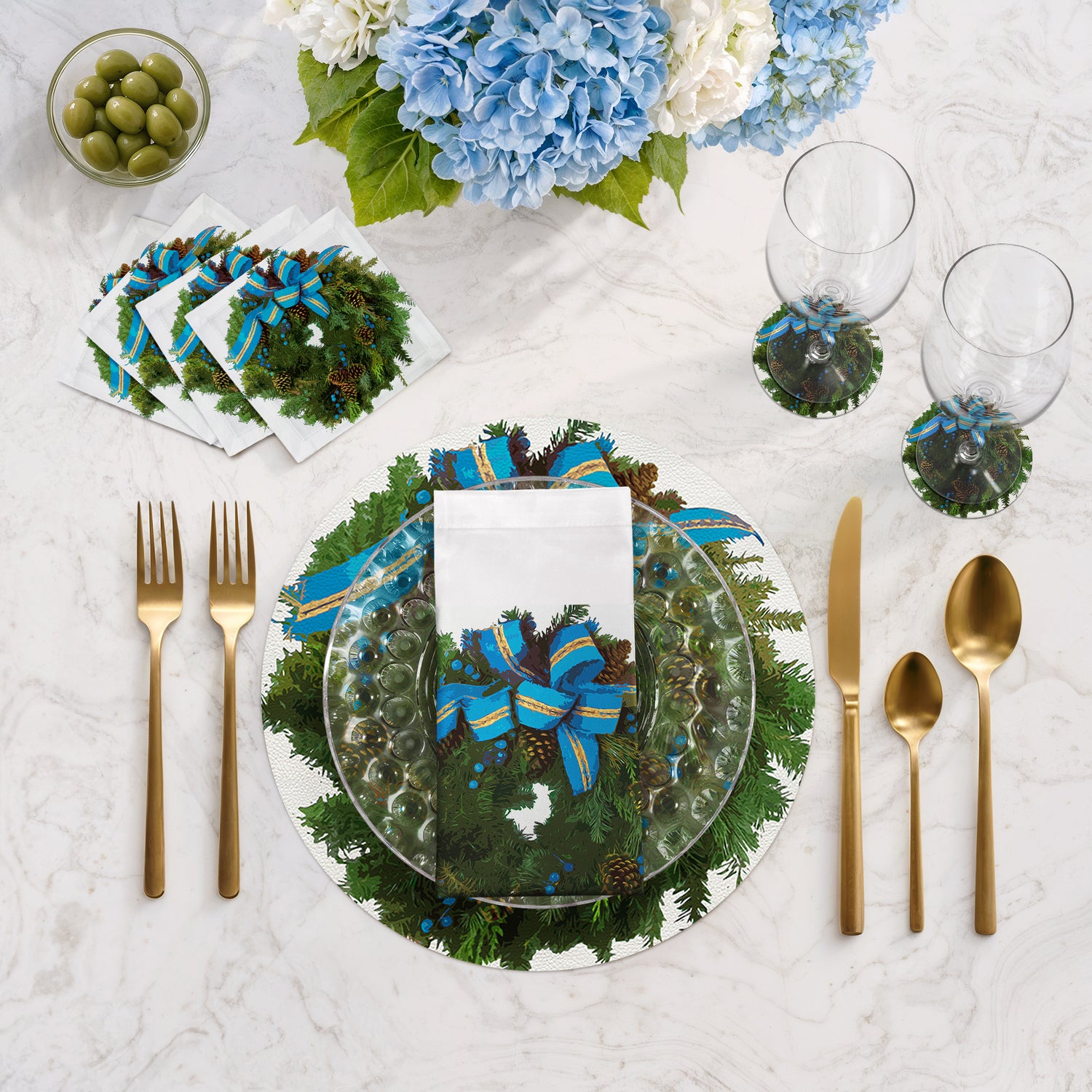 Christmas Wreath White Cerulean 16" Round Pebble Placemats, Set of 4 - nicolettemayer.com
