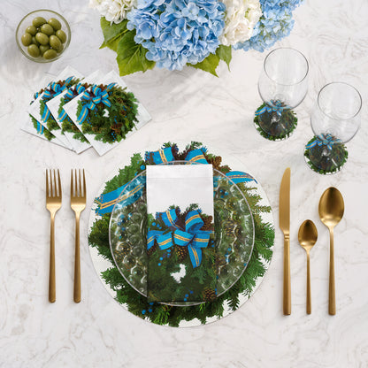 Christmas Wreath White Cerulean 16" Round Pebble Placemats, Set of 4 - nicolettemayer.com
