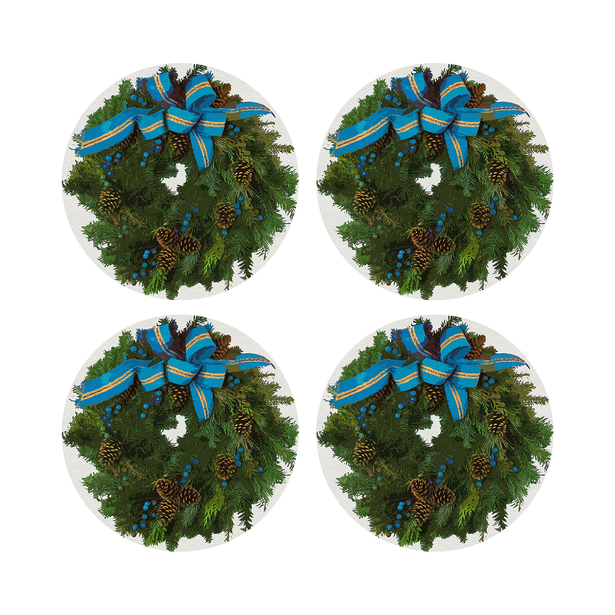 Christmas Wreath White Cerulean 16&quot; Round Pebble Placemats, Set of 4 - nicolettemayer.com
