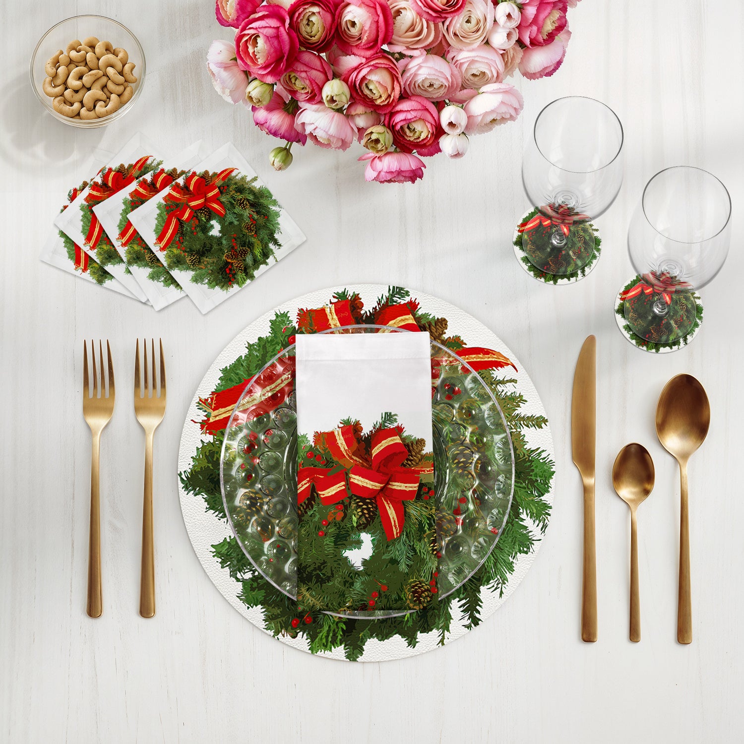 Christmas Wreath White Red 16" Round Pebble Placemats, Set of 4 - nicolettemayer.com
