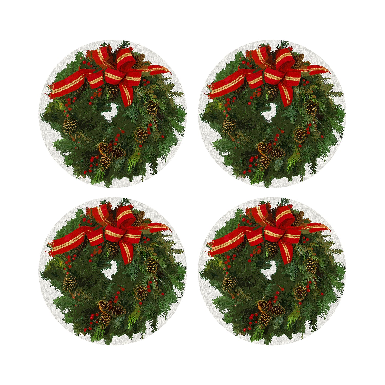 Christmas Wreath White Red 16&quot; Round Pebble Placemats, Set of 4 - nicolettemayer.com

