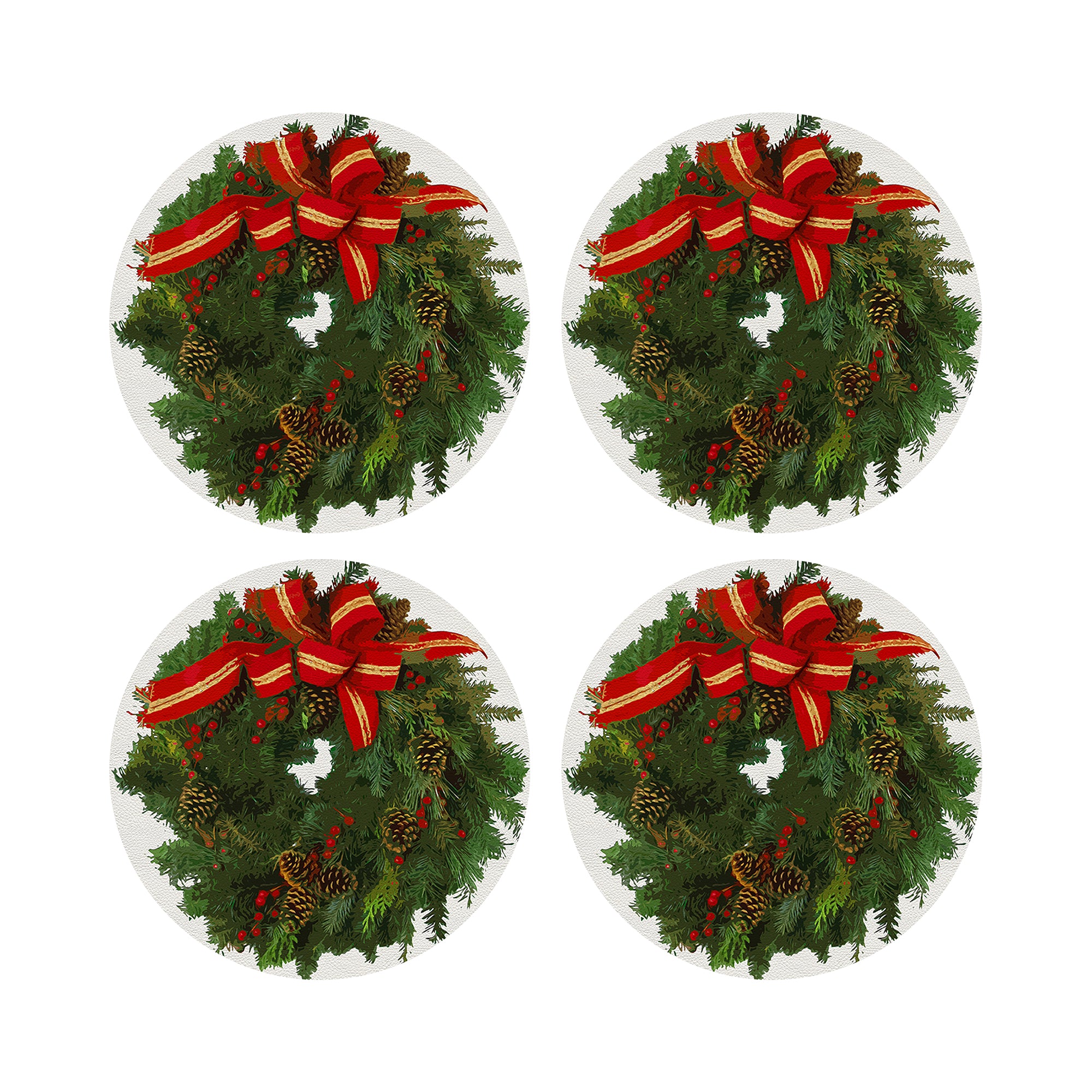 Christmas Wreath White Red 16&quot; Round Pebble Placemats, Set of 4 - nicolettemayer.com
